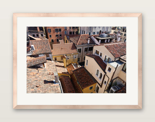 since always, colour photograph of Venice rooftops in evening light, A2 print in a natural oak frame with an even museum mat